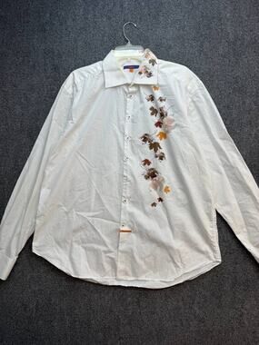 NODUS Men’s XXL White Autumn Leaf Print Long Sleeve Button-Up Shirt